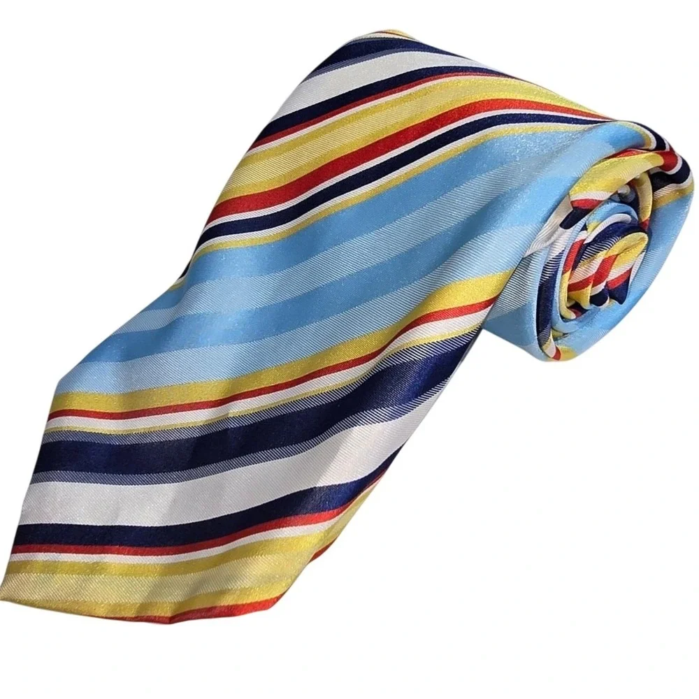 VINTAGE Dark & Light Blue Yellow & Red Striped Tie ROMANO‎ Polyester